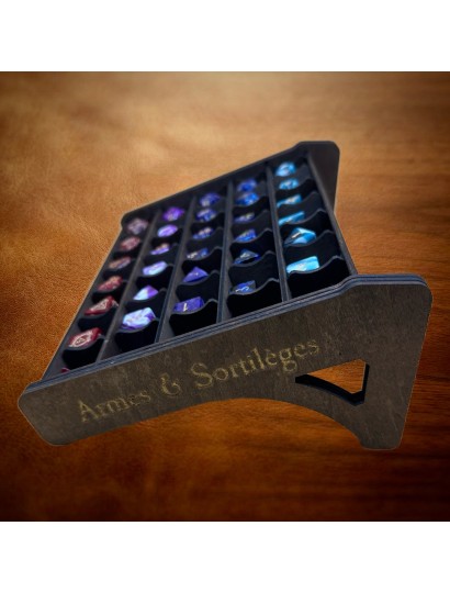 Panthéon des Polyèdres – Présentoir dés bois artisanal | Arcane Ludique Genève