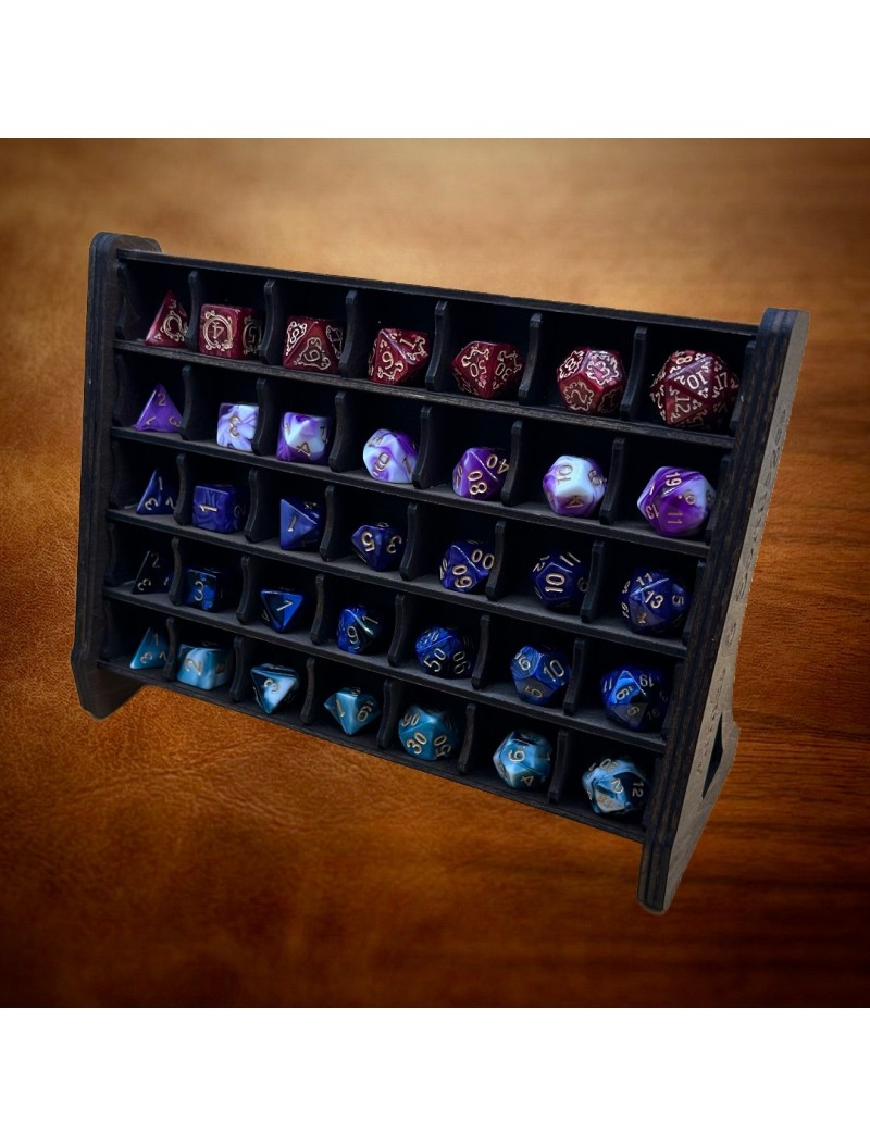 Panthéon des Polyèdres – Présentoir dés bois artisanal | Arcane Ludique Genève